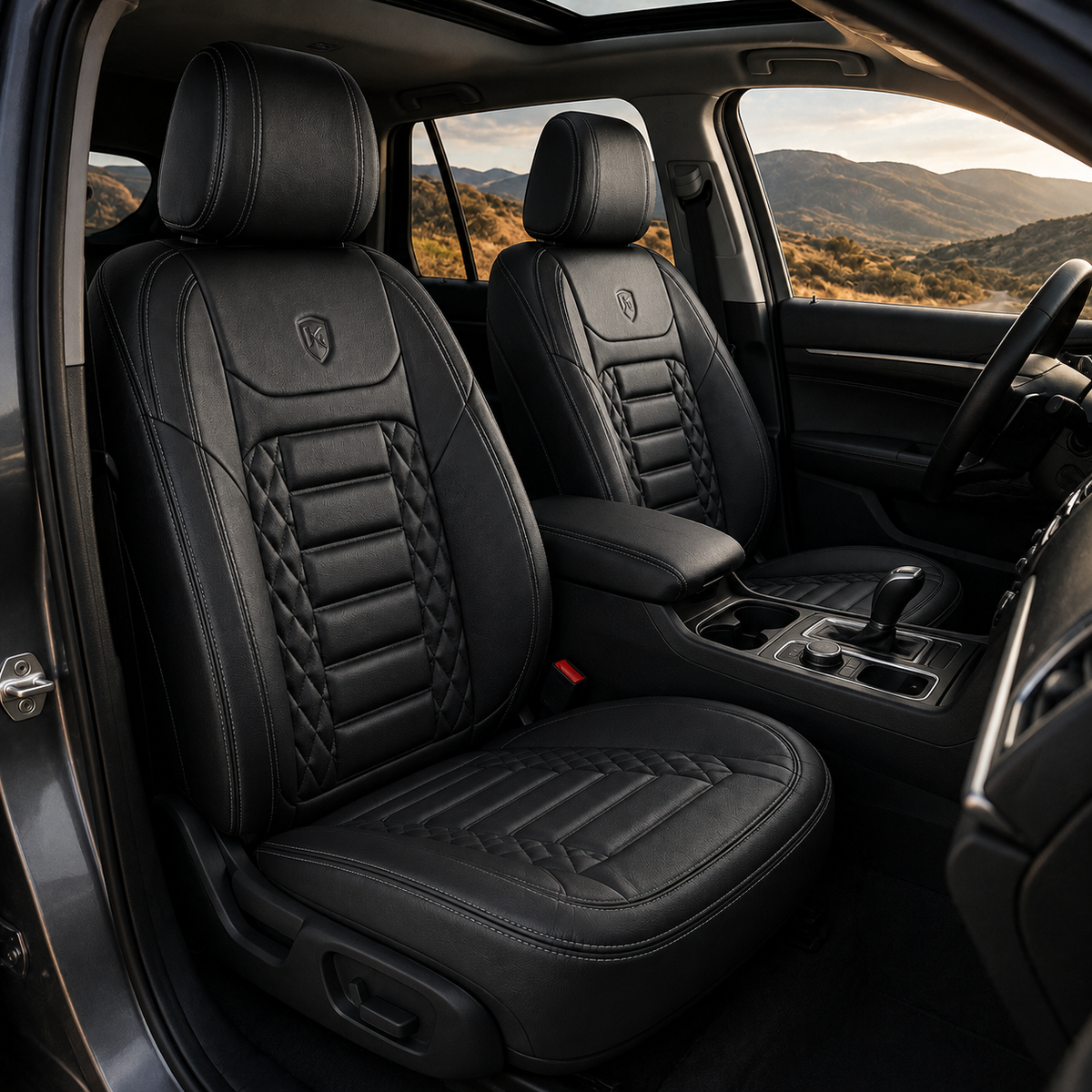 Universal Car Seat Covers – Premium Leather Look Front Seat Covers – Black | Crest & Road